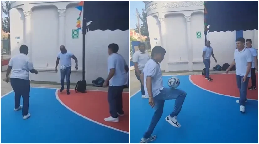 Carmelo Valencia se divierte jugando fútbol en colegio