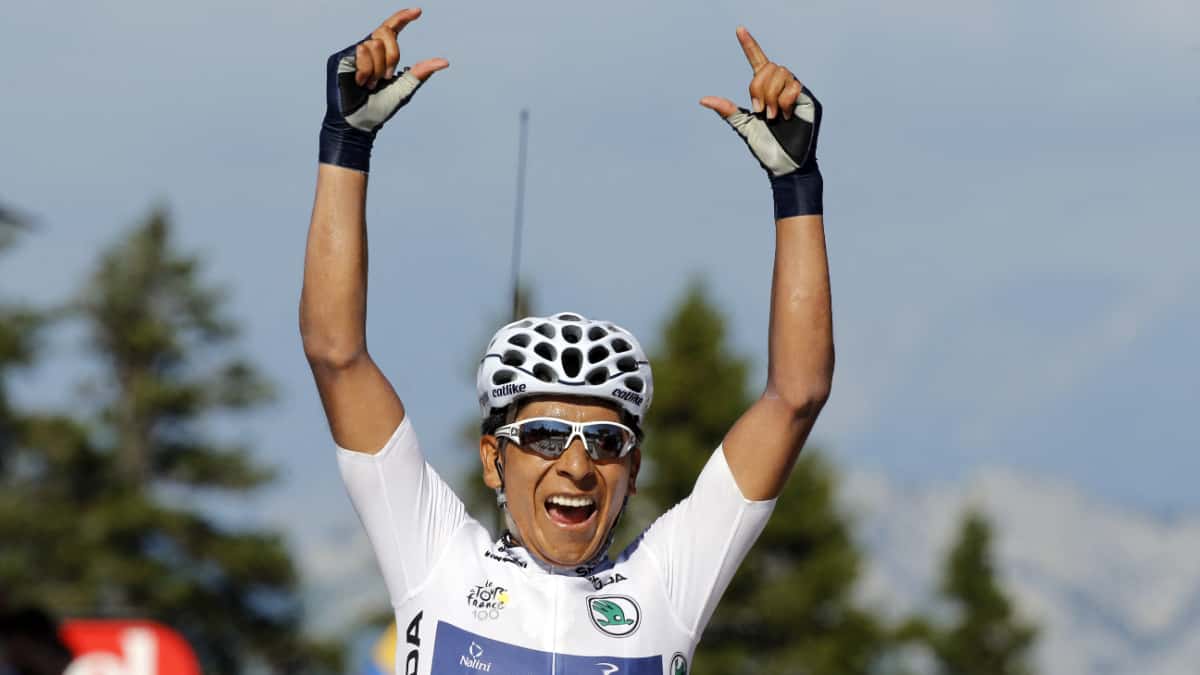 Nairo Quintana celebra en la meta de la etapa del 20 de julio de 2013.
