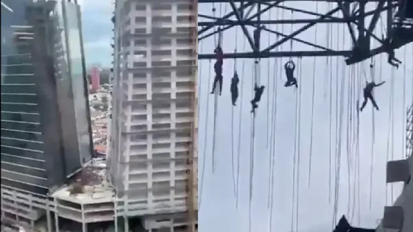 En video: obreros quedaron suspendidos a 140 metros de altura por colapso de un andamio