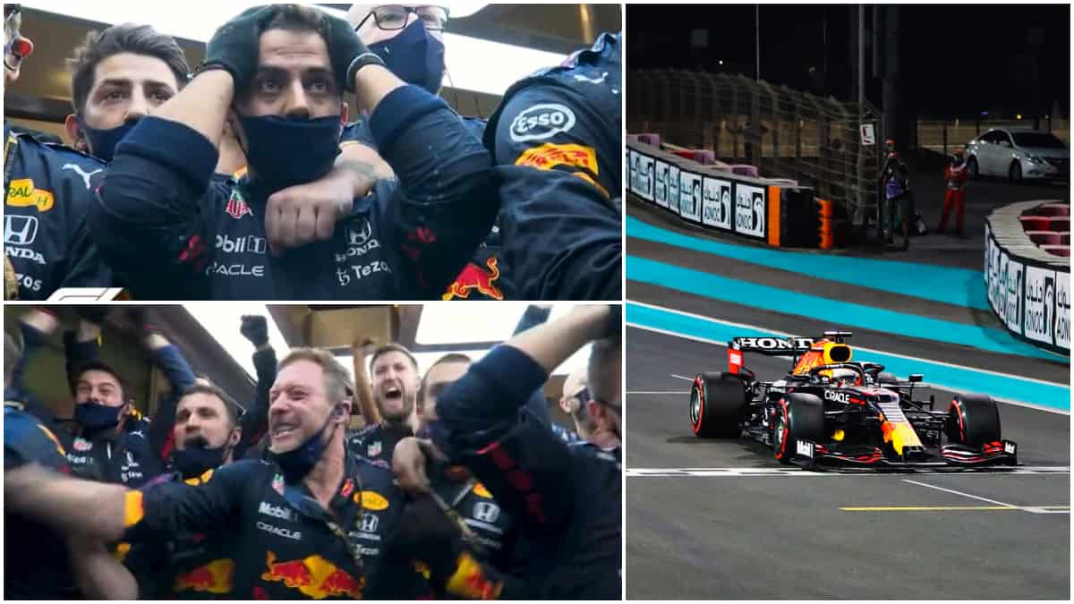 Celebración equipo Red Bull última vuelta de Max Vertsappen