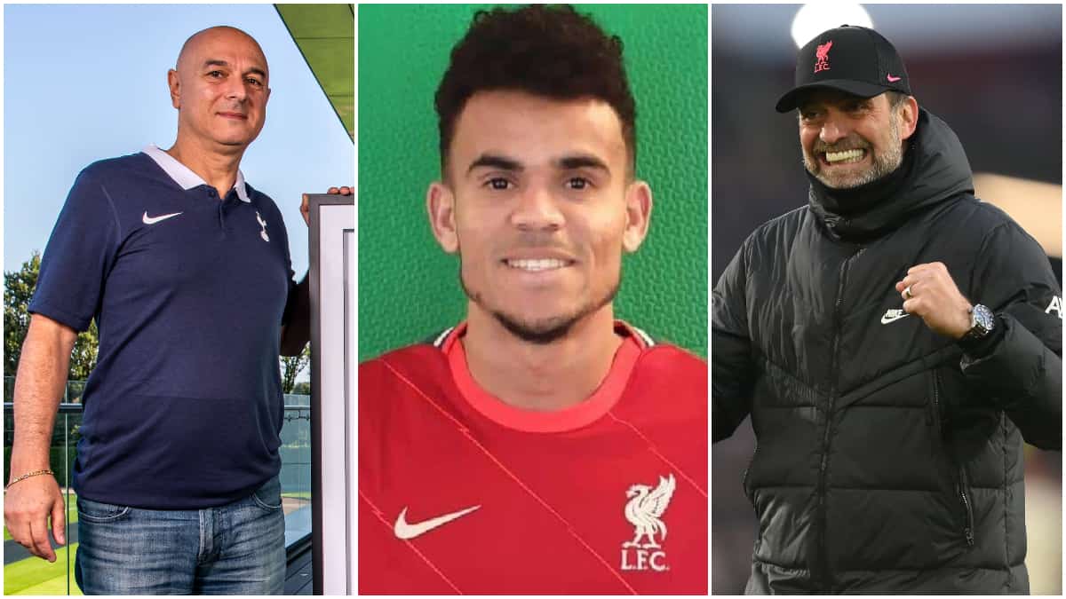 Daniel Levy (presidente del Tottenham), Luis Díaz y Jürgen Klopp.
