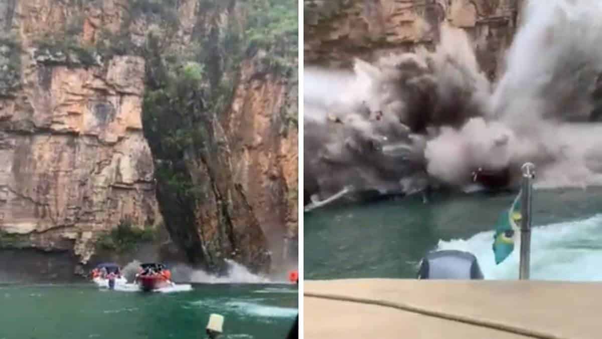 Video del momento en que gigantesca piedra cae sobre lanchas en Brasil