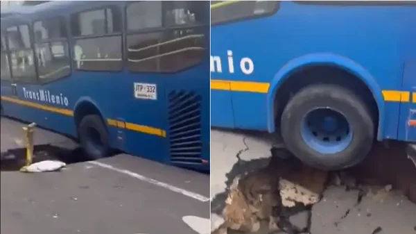 Video: Bus del SITP cayó en enorme cráter en Bogotá
