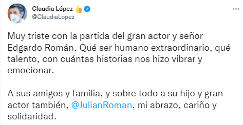 Claudia López lamenta muerte de Edgardo Román.