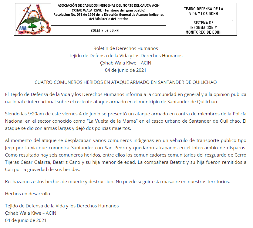 Dos civiles y dos policías fueron asesinados en el Cauca