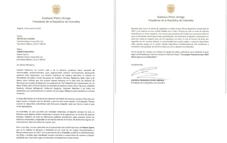 Carta de Petro a Panam Sports por Panamericanos