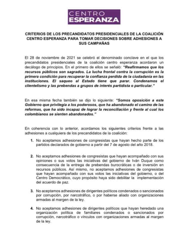Coalición Centro Esperanza, comunicado 