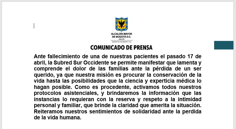 Comunicado hospital Kennedy.