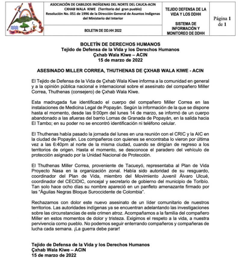 Comunicado por asesinato de Miller Correa 