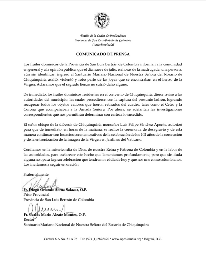 Comunicado frailes virgen de Chiquinquirá
