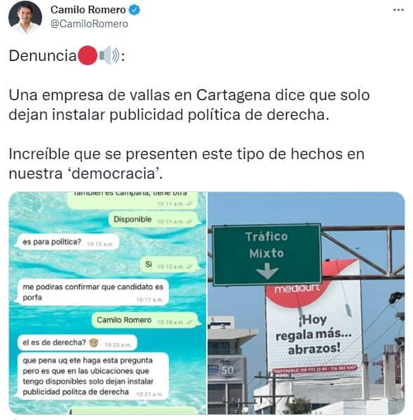 Denuncia Camilo Romero en Cartagena - Foto: Twitter