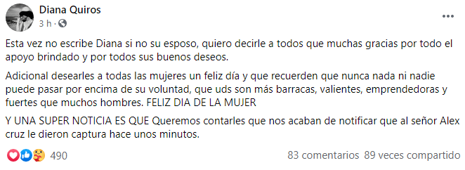 Diana Quirós denuncia contra Alex Cruz