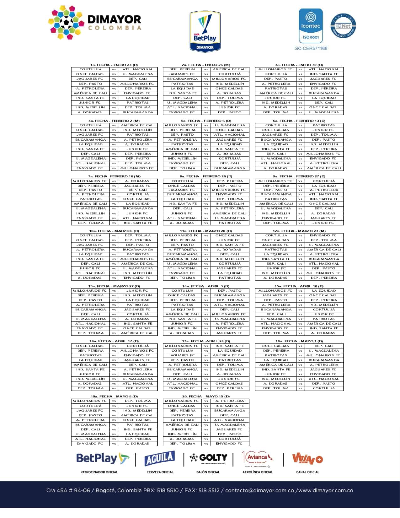 Fixture Liga BetPlay 2022-I