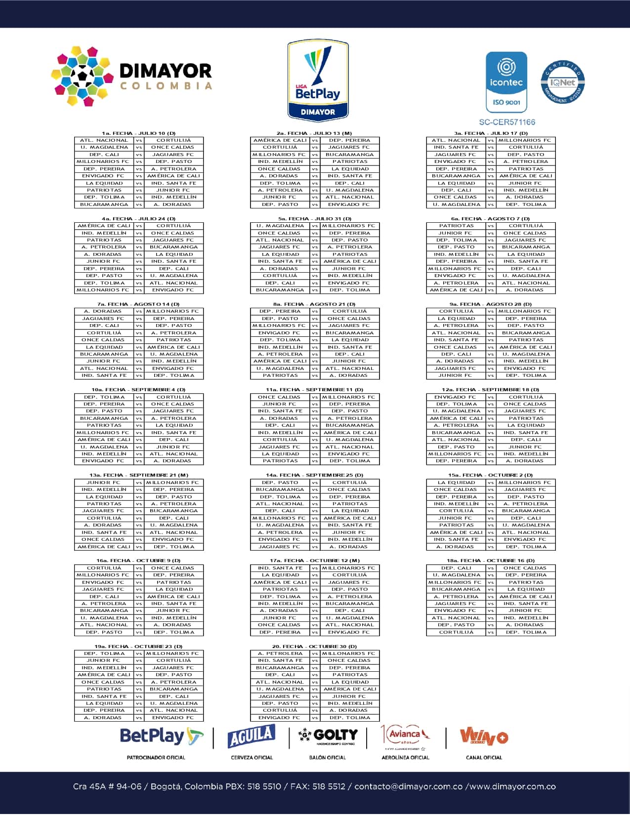 Calendario de la Liga BetPlay 2022-II
