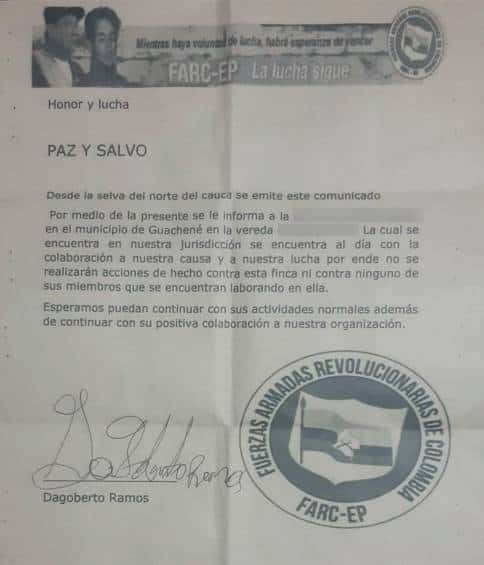 Paz y salvo de las disidencias farc - Foto cortesía El Colombiano