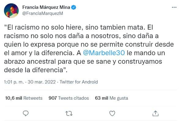 Respuesta de Francia Márquez a Marbelle - Foto: Twitter