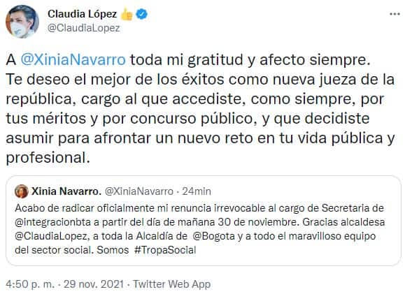 Xinia Navarro renunció a la Secretaría de Integración Social