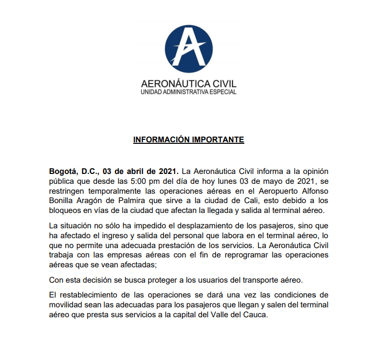 Comunicado Aerocivil