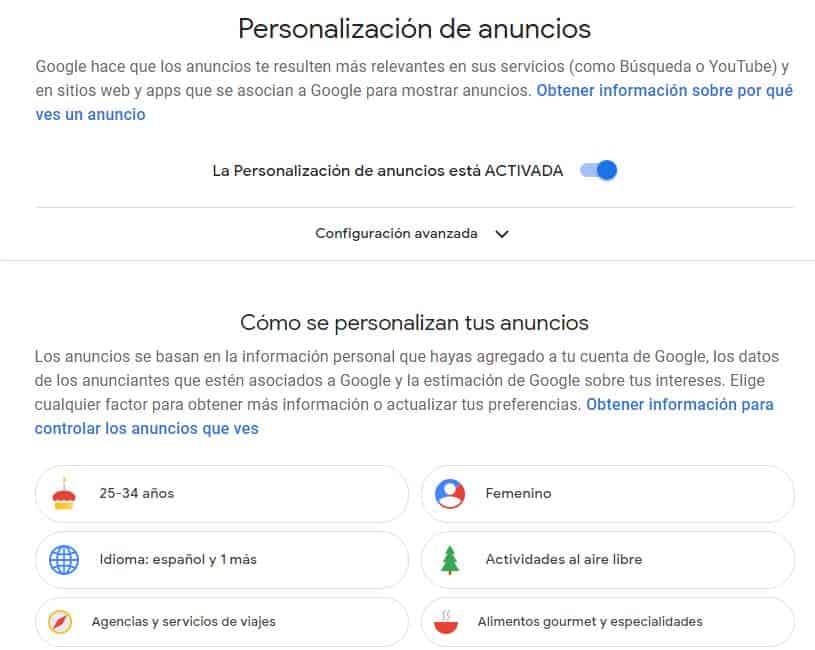 personalización de anuncios Google