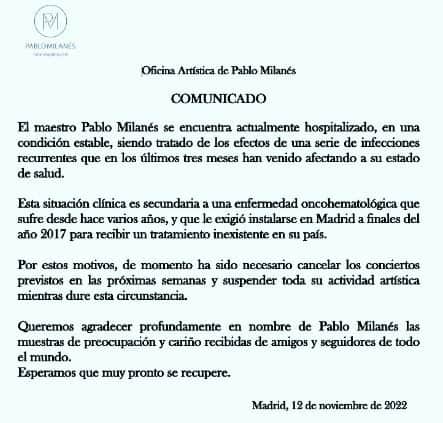 Pablo Milanés comunicado