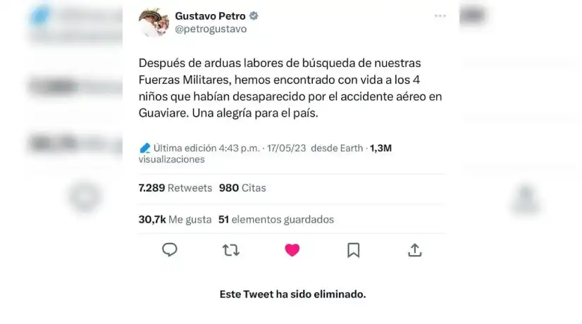 El presidente Gustavo Petro borró trino en donde confirmó hallazgo con vida de niños desaparecidos en el Guaviare - Foto: Twitter
