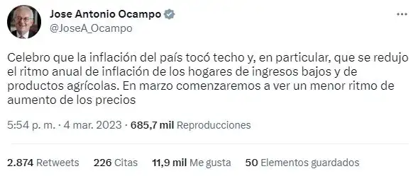 Trino de José Antonio Ocampo sobre inflación en Colombia en marzo - Foto: Twitter