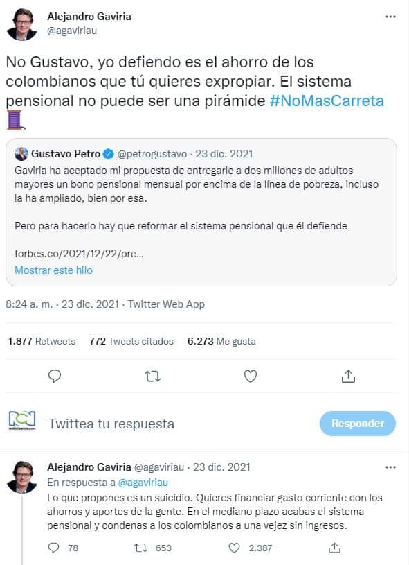 Alejandro Gaviria sobre propuesta de pensiones de Petro - Foto: Twitter