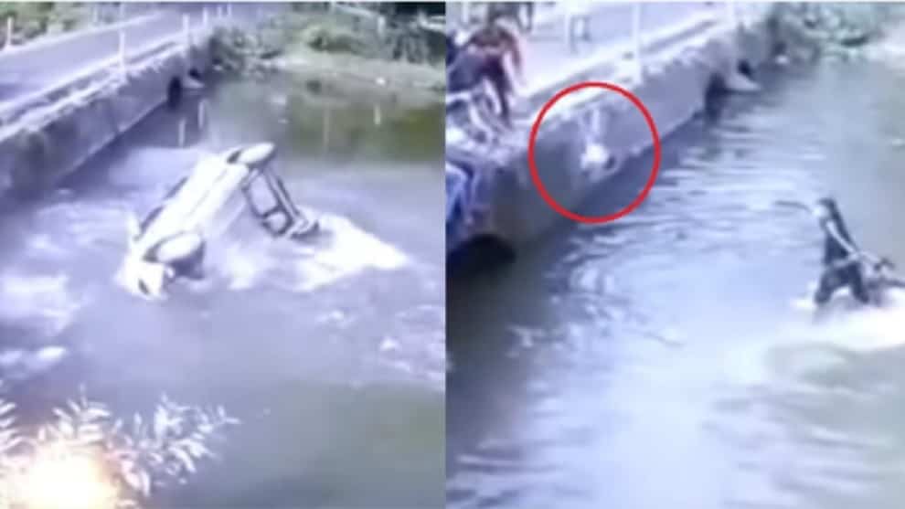VIDEO: padre lanza a su hijo para salvarlo después de caer de un puente al agua en un vehículo
