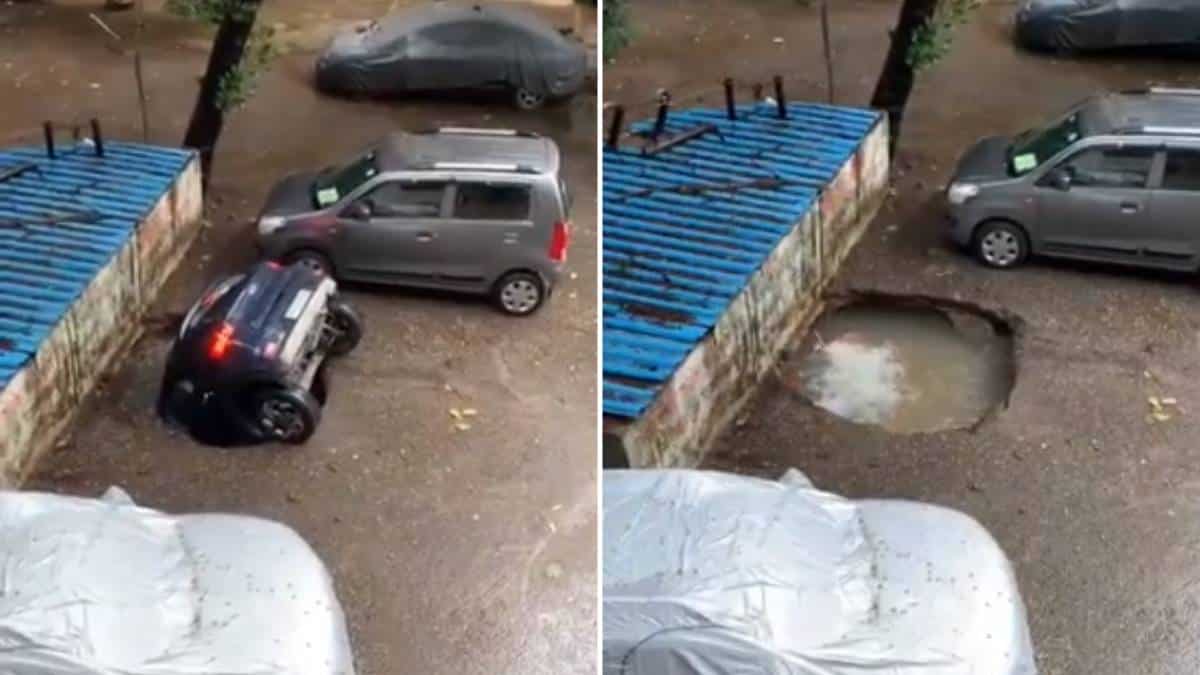 Un sumidero se tragó un carro en un parqueadero de India
