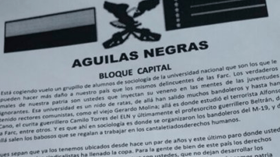 Panfleto de amenaza a estudiantes de sociología.