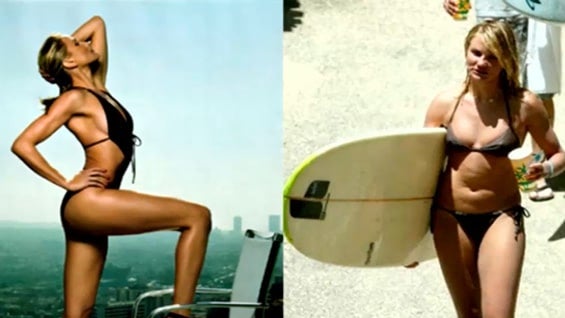 La actriz estadounidense Cameron Diaz con y sin retoques digitales.