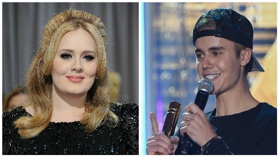 Adele y Justin Bieber. Foto: AFP.