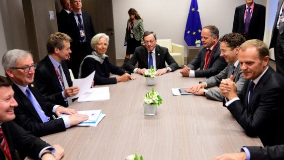 Líderes de las tres instituciones acreedoras de Atenas y los presidentes del Eurogrupo y del Consejo Europeo. Foto: AFP