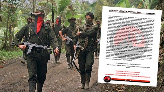 El panfleto del ELN fue publicado por la Defensoría del Pueblo. Foto: AFP.