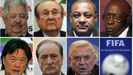 Rafael Esquivel, Nicolas Leoz, Jeffrey Webb, Jack Warner, Eduardo Li, Eugenio Figueredo y José Maríaa Marín. Foto: AFP