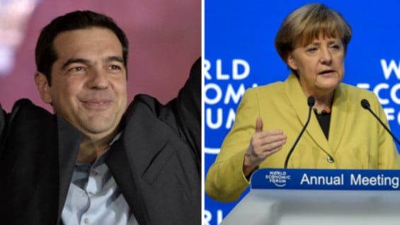 Alexis Tsipras el líder de Syriza y Angela Merkel canciller alemana. Foto AFP