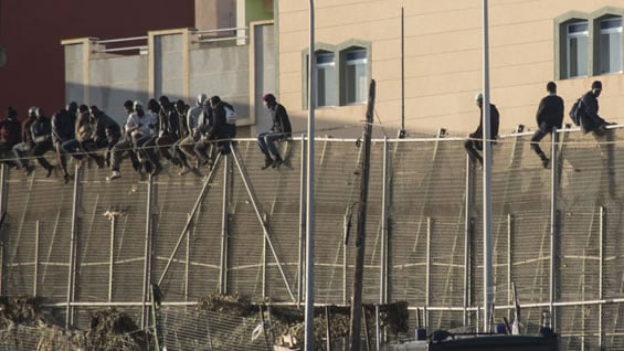 Cuarenta inmigrantes seguían encaramados a la valla vigilados por guardias civiles. Foto: AFP.