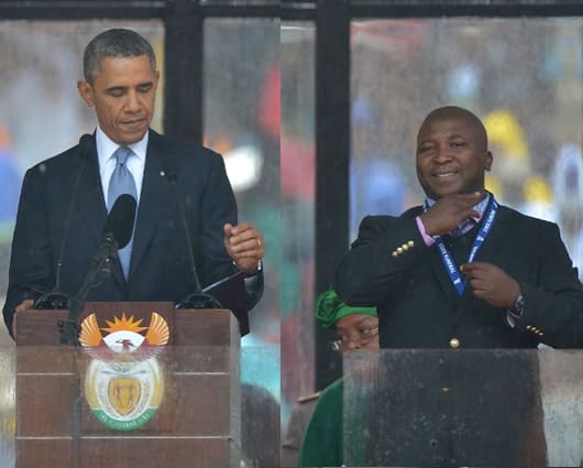 El intérprete durante el discurso del presidente Obama en el homenaje a Mandela. Foto: AFP