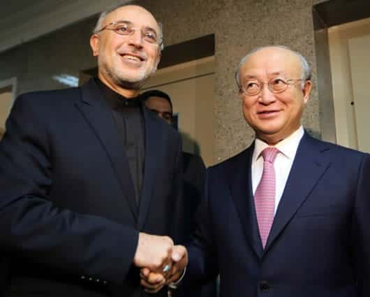 El jefe de la organización nuclear iraní, Ali Akbar Salehi, y Yukiya Amano, director de la Agencia Internacional de la Energía Atómica (AIEA). Foto: AFP