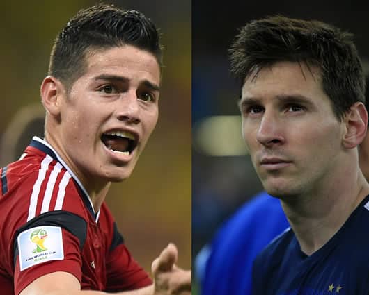 El colombiano James Rodríguez y argentino Lionel Messi. Foto: AFP.