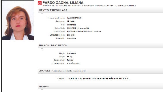 Esta es la circular emitida por la Interpol con la que se busca a Liliana Pardo. Foto: Interpol
