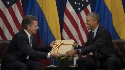 El presidente Juan Manuel Santos y su homólogo estadounidense Barack Obama. Foto: AFP.
