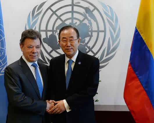 El presidente Juan Manuel Santos y Ban Ki-Moon, secretario general de la ONU. AFP