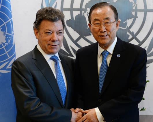 El presidente Santos junto al secretario general de la ONU, Ban Ki-moon. Foto: AFP.