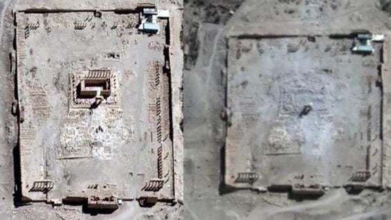 Imágenes satelitales del templo antes y después de su destrucción. Foto: EFE