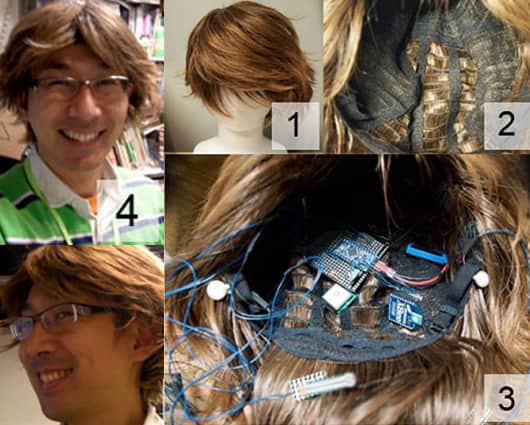 La peluca también puede medir la temperatura corporal, la tensión arterial y grabar sonidos e imágenes. Foto: AFP