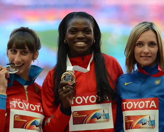 Premiación de Catherine Ibargüen en Moscú. Foto: AFP