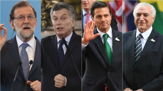 Los presidentes Rajoy, Macri, Peña Nieto y Temer. Fotos: AFP.