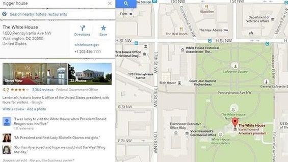 Un error en el sistema Google Maps relacionó el término de búsqueda "Nigger House" con la Casa Blanca.