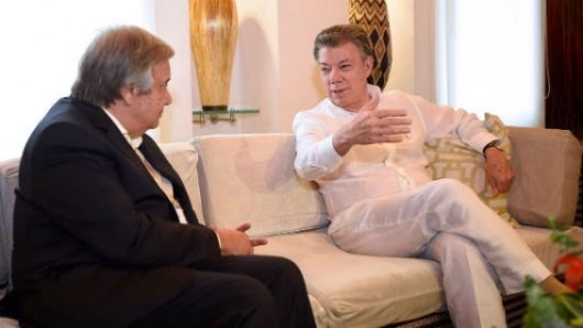 El presidente Juan Manuel Santos y el secretario General electo de la ONU, Antonio Guterres. Foto SIG